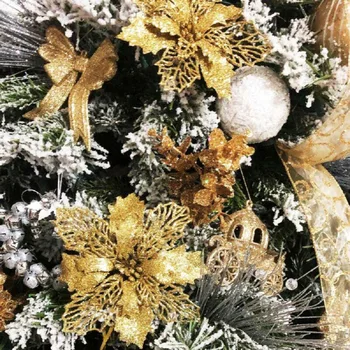 10 Шт. Рождественские украшения 2023 Пуансеттия, блестящий цветок, Рождественская елка, подвесной декор для семейной веселой вечеринки, 16 см PE