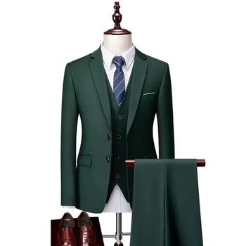 12 цветов (куртки + жилет + брюки) Модные мужские деловые блейзеры из высококачественного чистого хлопка/Мужской приталенный костюм из 3 предметов /Смокинг для жениха