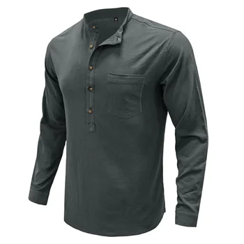 2023 Весенне-осенняя хлопковая льняная рубашка со стоячим воротником, мужские топы с длинными рукавами, блузки, свободные рубашки, мужская одежда