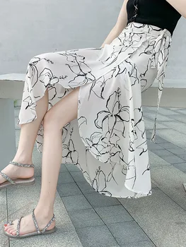 2023 Женские шифоновые юбки с запахом, Летняя свободная пляжная длинная юбка с высокой талией и элегантным принтом