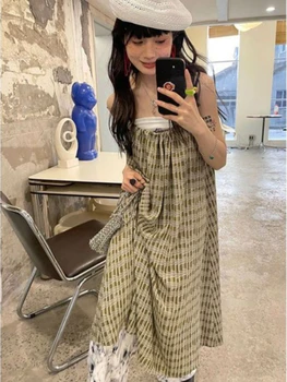 2023 Корейские универсальные винтажные платья в клетку, летнее милое эстетичное женское платье Y2k, повседневное Свободное платье без рукавов