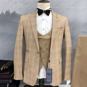 2023 Модный Новый мужской бутик для отдыха, деловой Клетчатый приталенный костюм, брюки, жилет, комплект из 3 предметов, Блейзеры, пиджак, платье, жилет, брюки