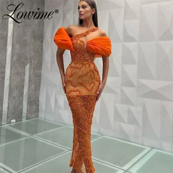 2023 Оранжевые вечерние платья от кутюр, расшитые бисером, с открытыми плечами, арабские вечерние платья русалки длиной до пола, индивидуальные платья для выпускного вечера