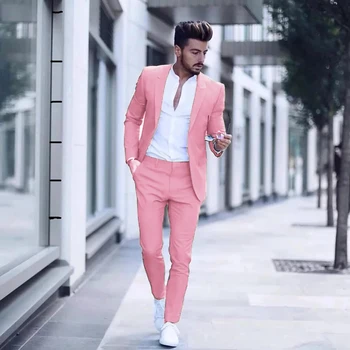2023, Повседневный модный Роскошный деловой мужской костюм для свадебной вечеринки, смокинги, приталенные розовые костюмы с отворотами, мужские (куртка + брюки)