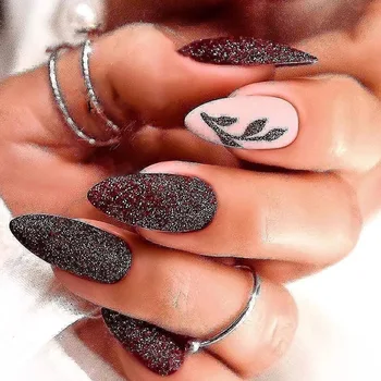 24шт черных накладных ногтей в стиле ретро, короткие накладные ногти с миндалевидными головками и блестящим дизайном, съемные ногти с полным покрытием, пресс-форма для ногтей