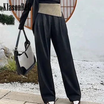 8.23 KlasonBell Модные шерстяные трикотажные Свободные прямые брюки с высокой талией и боковой молнией, женские