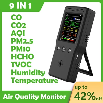 9 В 1 Измерители Температуры Влажности Co2 Детектор Качества воздуха PM2.5 PM10 HCHO TVOC CO CO2 AQI с Цветным ЖК-Дисплеем с подсветкой