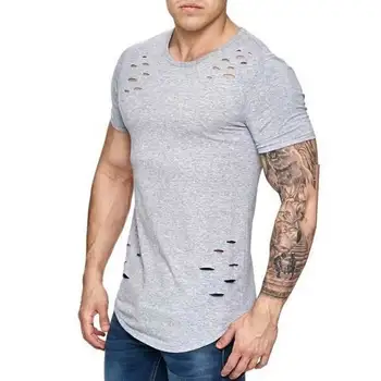A2741 Рваные футболки с дырками, мужская футболка с коротким рукавом, летняя одежда для фитнеса, мужская забавная однотонная футболка, уличная одежда, тонкие топы, тройники