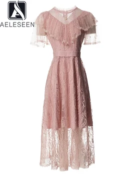 AELESEEN Высококачественное женское летнее платье, модный плащ для подиума, роскошный жемчуг, Розовая сетка, вышивка, Элегантная Миди вечеринка, праздник