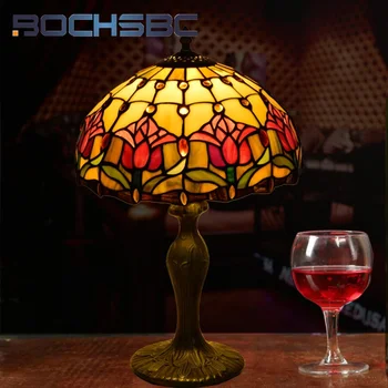 BOCHSBC Тиффани, красный тюльпан в пасторальном ретро-стиле, настольная лампа в стиле арт-деко, прикроватная тумбочка для гостиной, спальни, праздничная лампа, офисная лампа