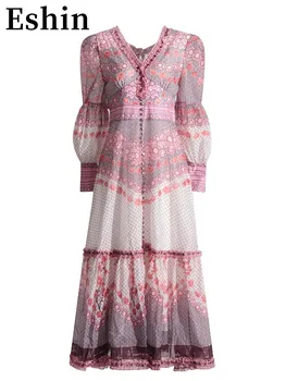 Eshin Хитовый цвет, Летние платья с V-образным вырезом и рукавом-фонариком, Высокая талия, Свободное Элегантное платье, Женская модная одежда, Новинка TH4293