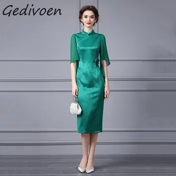 Gedivoen/ Летнее модное платье для подиума в винтажном стиле, женское платье с аппликацией на ягодицах, воротник-стойка, пуговицы, Зеленое Жаккардовое длинное платье с разрезом,