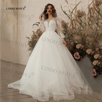 LINDO NOIVA Аппликации с длинным рукавом Кружева 3D Цветы Свадебные платья Современное Пляжное свадебное платье из тюля vestidos de novia Boho 2023