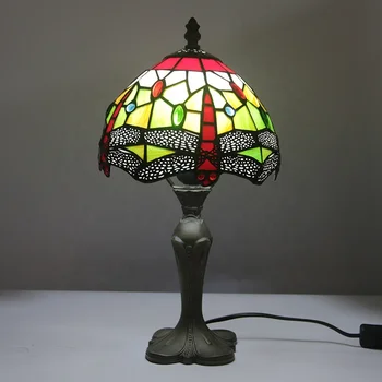 LongHuiJing 8-дюймовая Европейская пасторальная настольная лампа в стиле ретро Тиффани с красным абажуром в виде стрекозы