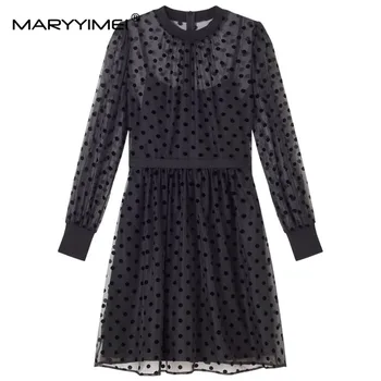 MARYYIMEI Осеннее модное дизайнерское женское платье в горошек с длинными рукавами, черные элегантные платья в горошек