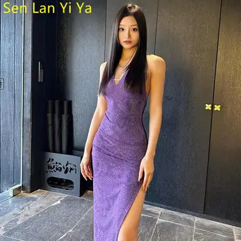 Sen Lan Yi Ya Фиолетовые Элегантные вечерние платья с тонким разрезом для женщин 2023, сексуальное платье с бретельками на шее, облегающие длинные платья с V-образным вырезом