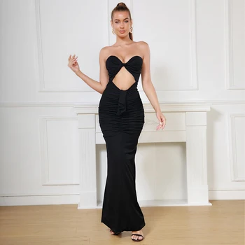 [Shesrim] Новое сексуальное модное черное платье без рукавов с запахом и пуговицей на талии, плиссированное облегающее платье