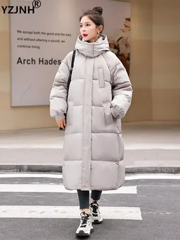 YZJNH 2023 Женская Зимняя Одежда Корейской Версии, Свободное Повседневное Однотонное Хлопковое Пальто С Капюшоном на Утолщенном Длинном Пуху для Женщин