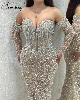Арабское платье для выпускного вечера с открытыми плечами, расшитое бисером, длина до пола, Русалка, Элегантные кристаллы, платье для помолвки, халаты, Женское платье для выпускного вечера 2023