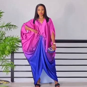 Африканский модный свободный халат на заказ из вискозной ткани, платье с V-образным вырезом и рукавами 