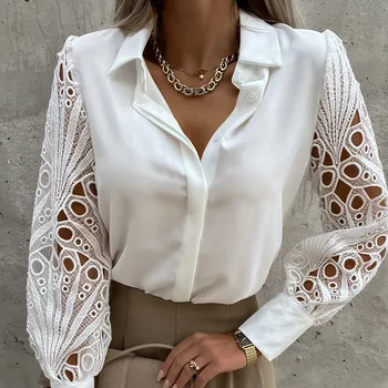 Белый кружевной топ Camisa в стиле пэчворк, весенне-летние повседневные рубашки с длинными рукавами для женщин 2022 года, винтажные блузки с вырезами на пуговицах