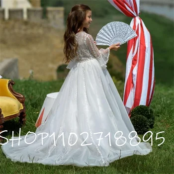 Белый кружевной топ, платья для девочек в цветочек, свадьба на открытом воздухе 2023, Платья с длинными рукавами-фонариками, платья для девочек, платья для девочек