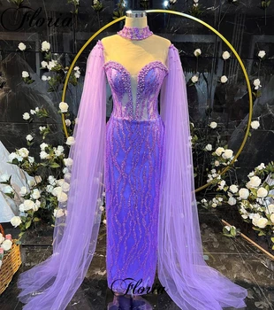 Вечерние платья фиолетового цвета с жемчугом на Ближнем Востоке, коктейльные платья с прозрачным вырезом 