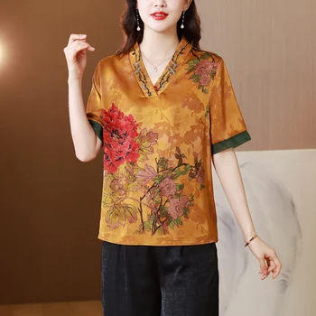 Винтажная блузка с вышивкой в виде пионов для женщин 2023, летняя элегантная свободная повседневная рубашка с V-образным вырезом и коротким рукавом