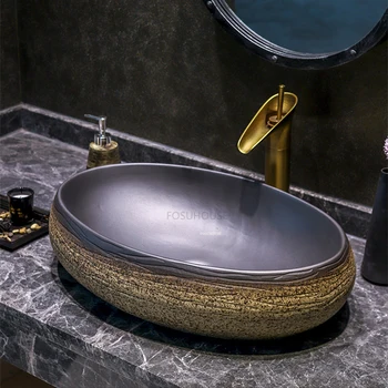 Винтажная керамическая раковина для ванной комнаты, бытовая сантехника, Умывальник с эллиптическим дизайном, раковина в американском стиле Кантри