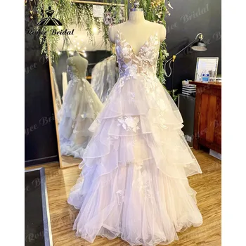 Винтажное женское свадебное платье с цветочным кружевом, пышное, с V-образным вырезом, 2023, Свадебное платье Mariage, без спинки, длиной до пола, Roycebridal