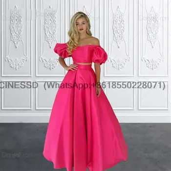 Выпускные платья из двух частей с пышными рукавами 2022, вечернее платье с открытыми плечами для девочек, длинное выпускное платье из атласа цвета фуксии