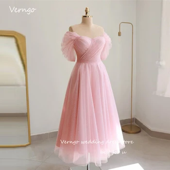 Выпускные платья из тюля Verngo A Line с розовым рисунком в горошек для свадебной вечеринки, короткие вечерние платья длиной до щиколоток, вечернее платье для дня рождения