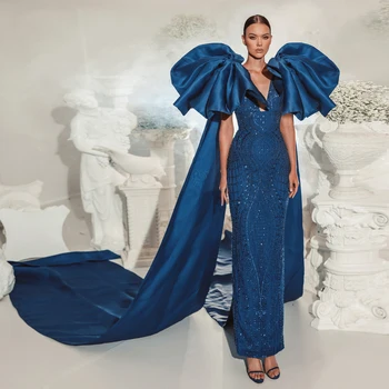 Высококачественные темно-синие кружевные платья-футляр с большим бантом на плече, длинная накидка длиной до щиколоток, платья для выпускного вечера в Дубае, вечерние платья для вечеринок