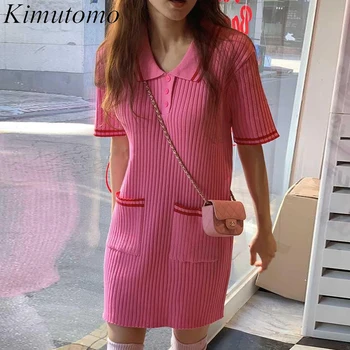 Вязаное платье Kimutomo Sweet-футляр Контрастного цвета в полоску, женское элегантное платье с карманами на лацканах, короткими рукавами, простые платья трапециевидной формы Ins
