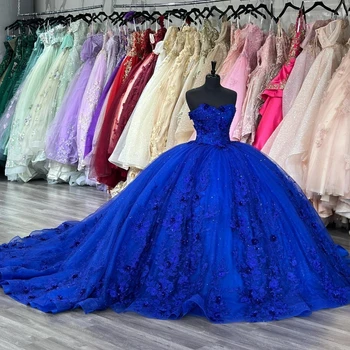 Голубое Блестящее Бальное платье принцессы из тюля, Пышные платья Meninas De 15 Anos, Аппликации, бусины, 3DFlower, Платье Дебютантки