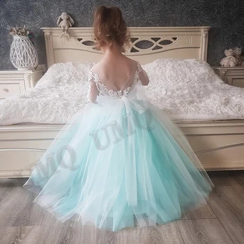 Голубые платья Aline с короткими рукавами для маленьких девочек-цветочниц с аппликацией, костюмы для дня рождения с открытой спиной, свадебное платье для фотосъемки на заказ