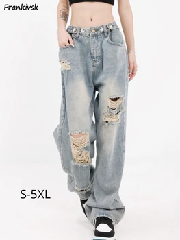 Джинсы с дырками, женские летние брюки в корейском стиле, Выбеленные рваные Винтажные свободные Универсальные Уличная одежда для отдыха