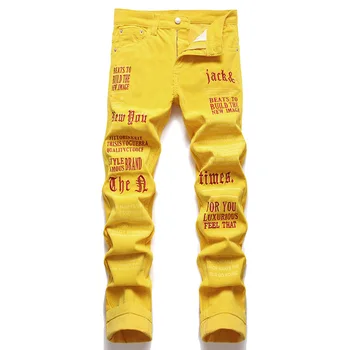 Дизайн в стиле рок-панк, мужские вельветовые брюки с вышивкой буквами, Узкие брюки-стрейч, уличные брюки, Желто-красные джинсы