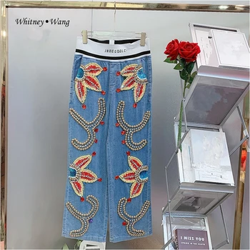 Дизайнерский стиль WHITNEY WANG 2023 Осенняя мода Уличная Одежда Блестки Бисероплетение Джинсы Tencel Женские Стильные джинсовые брюки