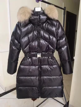 Длинное пуховое женское пальто с воротником из натурального лисьего меха, Зимняя куртка-пуховик на толстом утином пуху с поясом, Парка с капюшоном
