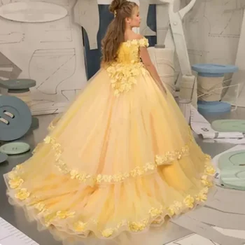 Желтые платья в цветочек для девочек, кружевной тюль, аппликация из бисера, нарядное платье для первого причастия для девочек, детские платья для выпускного вечера