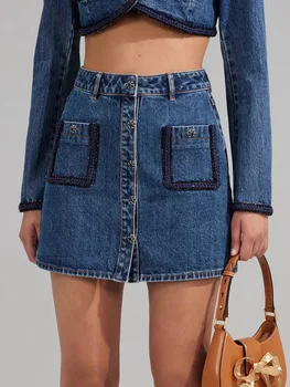 Женская модная джинсовая мини-юбка, однобортные однобортные брюки с высокой талией и карманами с тканевой отделкой.