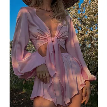 Женская одежда 2023, летнее Новое платье до пупка, Розовый топ с длинным рукавом из полиэстера, топ с ремешком в стиле пэчворк, Сексуальные шорты, костюм