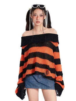 Женский вязаный свитер с цветным блоком, пуловер в полоску с длинным рукавом на одно плечо, топы из легкого трикотажа Оверсайз