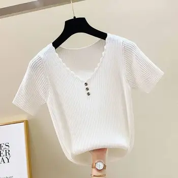 Женский свитер, летний топ в корейском модном стиле, короткий рукав, новинка, свободная женская одежда из ледяного шелка с V-образным вырезом 2023 г.