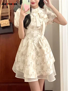 Женское платье с принтом Aotvotee 2023, новое модное мини-платье в китайском стиле с воротником-стойкой, элегантное винтажное платье с пышными рукавами и бантом.
