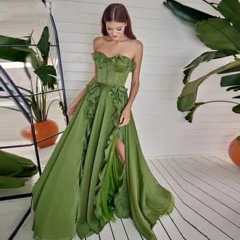Зеленое вечернее платье без бретелек трапециевидной формы, милое шифоновое длинное платье для выпускного вечера, вечерние платья с оборками и высоким разрезом по бокам, вечернее платье на шнуровке с открытой спиной