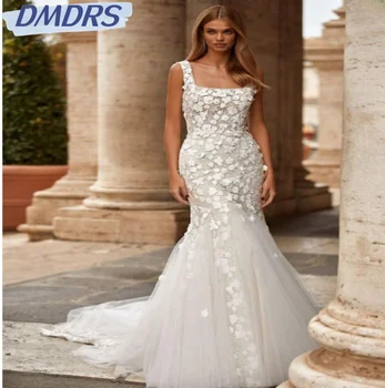 Изящный Трубчатый Халат Невесты длиной до пола, Классическое Свадебное платье С 3D Цветочными аппликациями, Современное Свадебное платье С Квадратным вырезом, Robe De Mariée