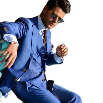 Итальянские синие мужские костюмы Свадебный Смокинг Жениха, Повседневный костюм Homme Terno Masculino, Приталенный Блейзер, 3 предмета, Куртка + брюки + жилет