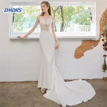 Классическое кружевное свадебное платье с круглым вырезом, пляжное свадебное платье без рукавов длиной до пола, простое Vestidos De Novia